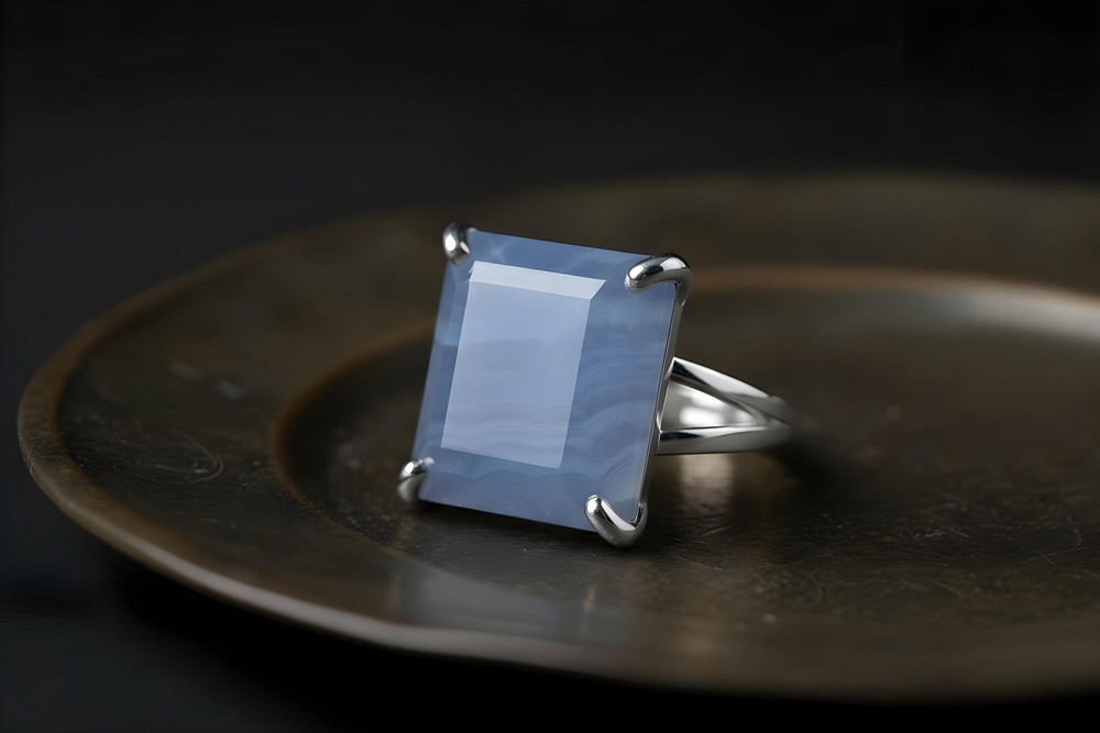 Blue Lace Agate Ring Anemone Handmade Square Cut 14k Gold Statement