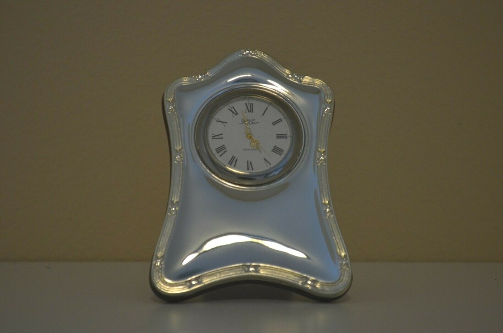 Carrs Quartz Mantle Clock-Solid Sterling Silver Overlay & Mahogany Finished Wood