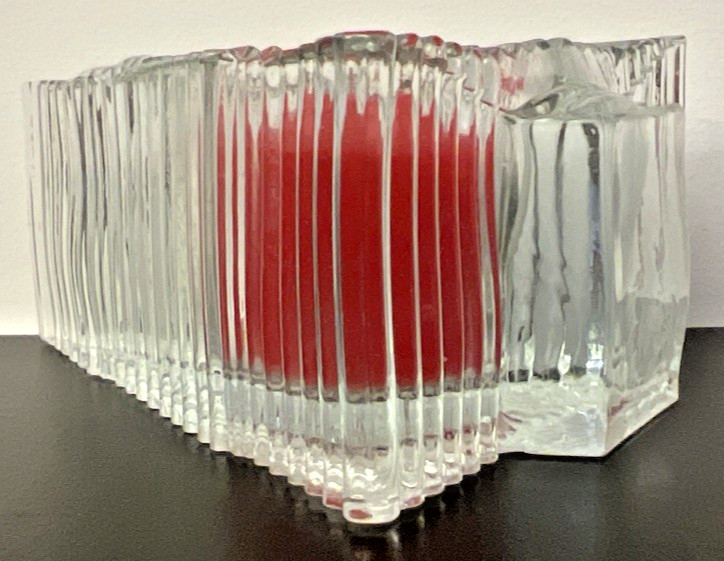 Leaded Glass 4.5" Holiday Triangular Candle Holder ~ Tree Pattern w/Red Candle