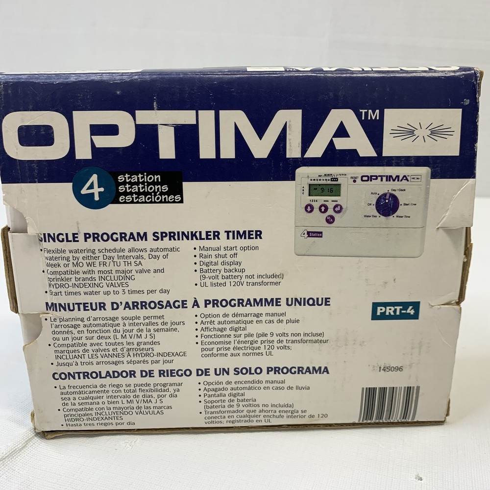 Optima 4 Station Single Program Sprinkler Timer Garden Watering Controller PRT-4