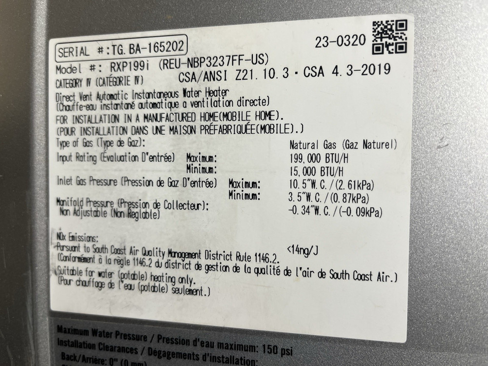 Rinnai RXP199iN Tankless Water Heater 199k BTU Natural/Propane Gas (B-1 #1760)