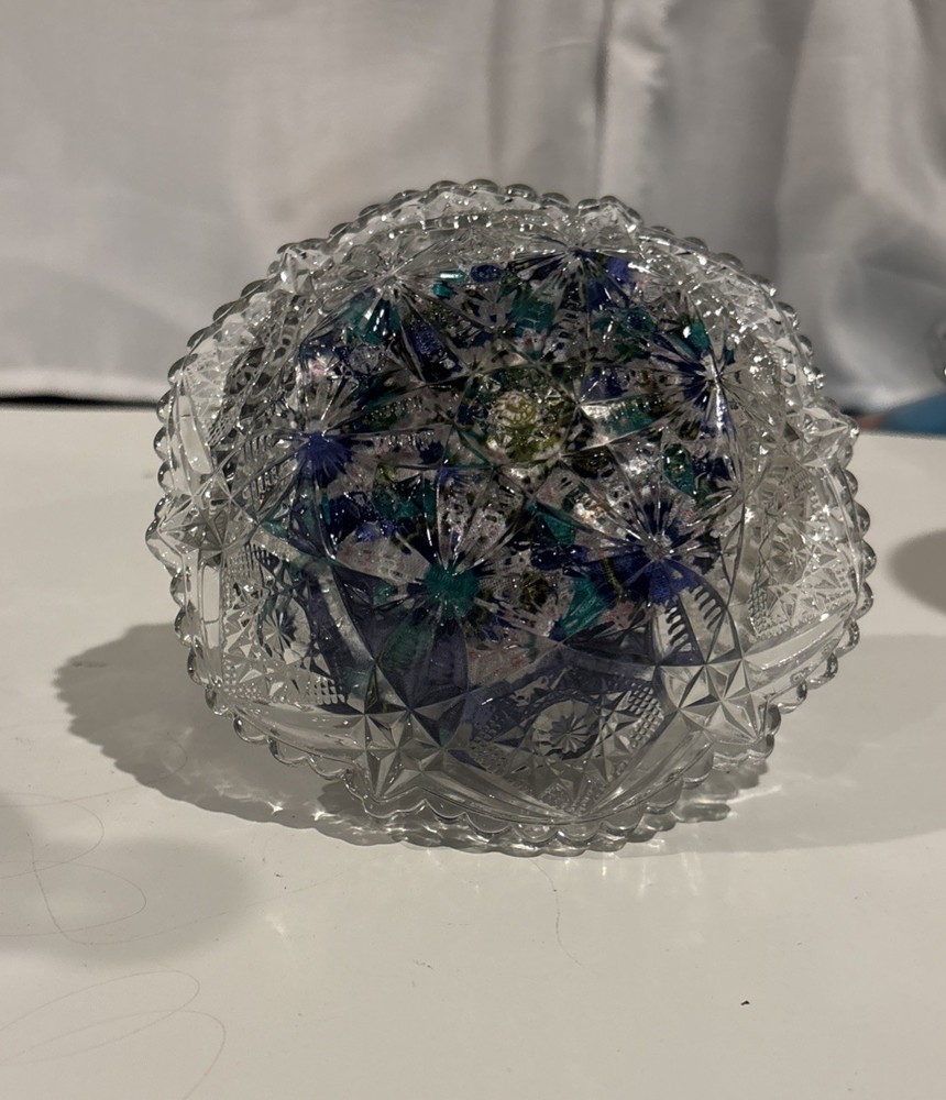 Sewing Pin Cushion Glass Basket Sun Design & Handle EUC