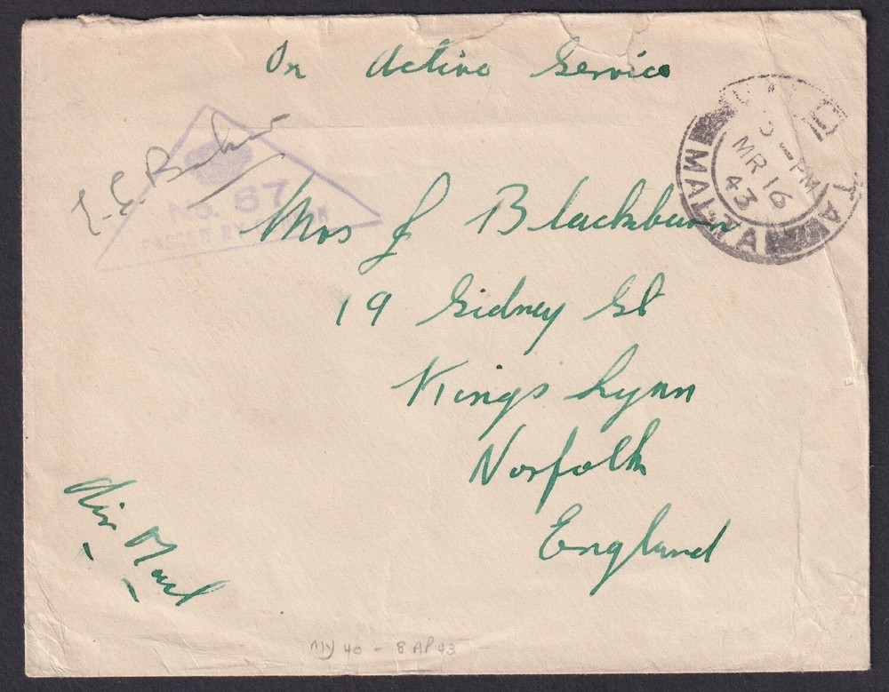 MALTA: (18234) CENSOR NO.67 CANCEL/COVER 1943