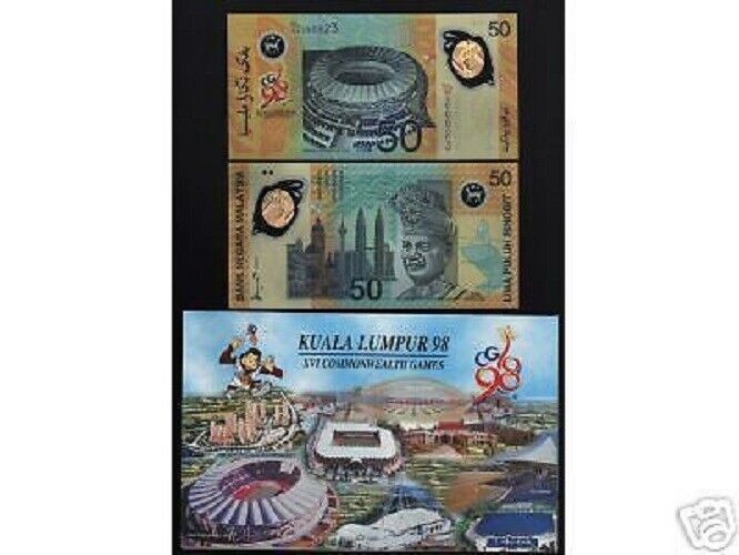 Malaysia 50 RINGGIT P-45 1998 UNC COMMEMORATIVE Sukom Game POLYMER NOTE + FOLDER