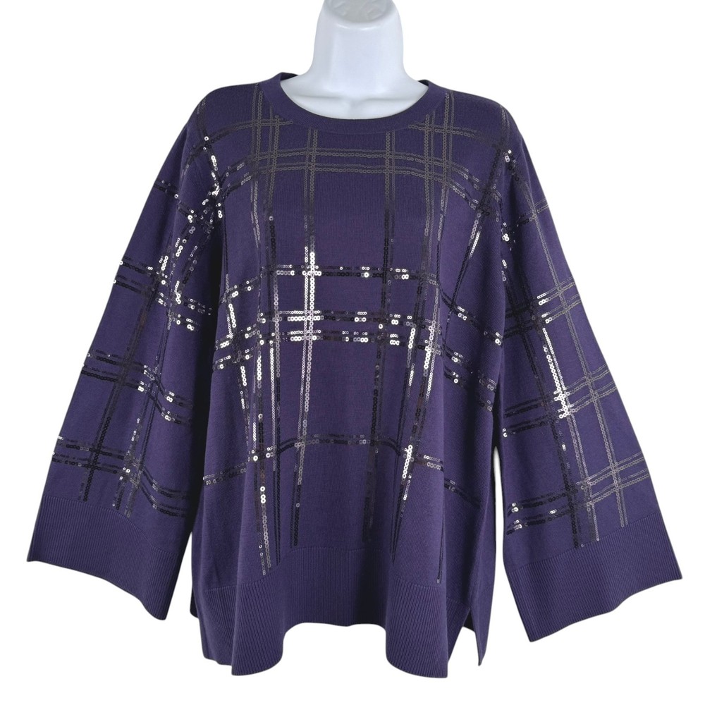 Chico's Pullover Sweater Size 3 Sequins Plaid Midnight Violet NWT TP-3869