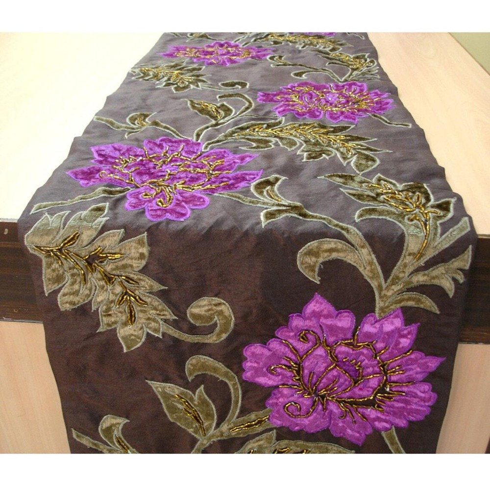 Decorative Table Runner Brown Silk Wedding Décor Table Décor - Blossoms Applique