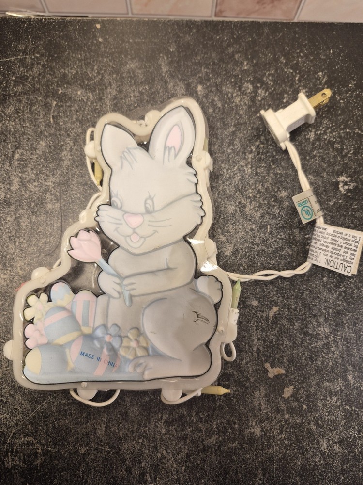 7x5 Bunny Rabbit W/Easter Eggs Window Decor with Pastel Lights+New Pin & Patch