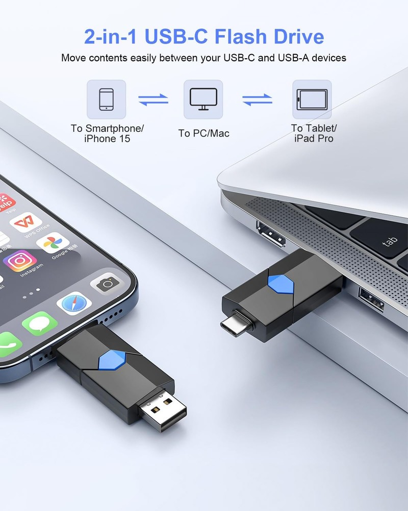 JUANWE USB C Flash Drive Type C + USB A Thumb Drive Retractable Dual Flash Dr...