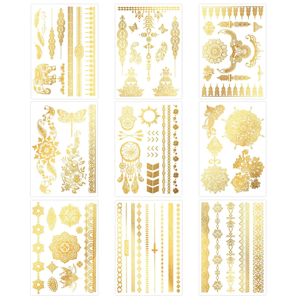 9 Sheets Metallic Tattoos, Elaborate Floral Elephant Patterns Metallic Temporary