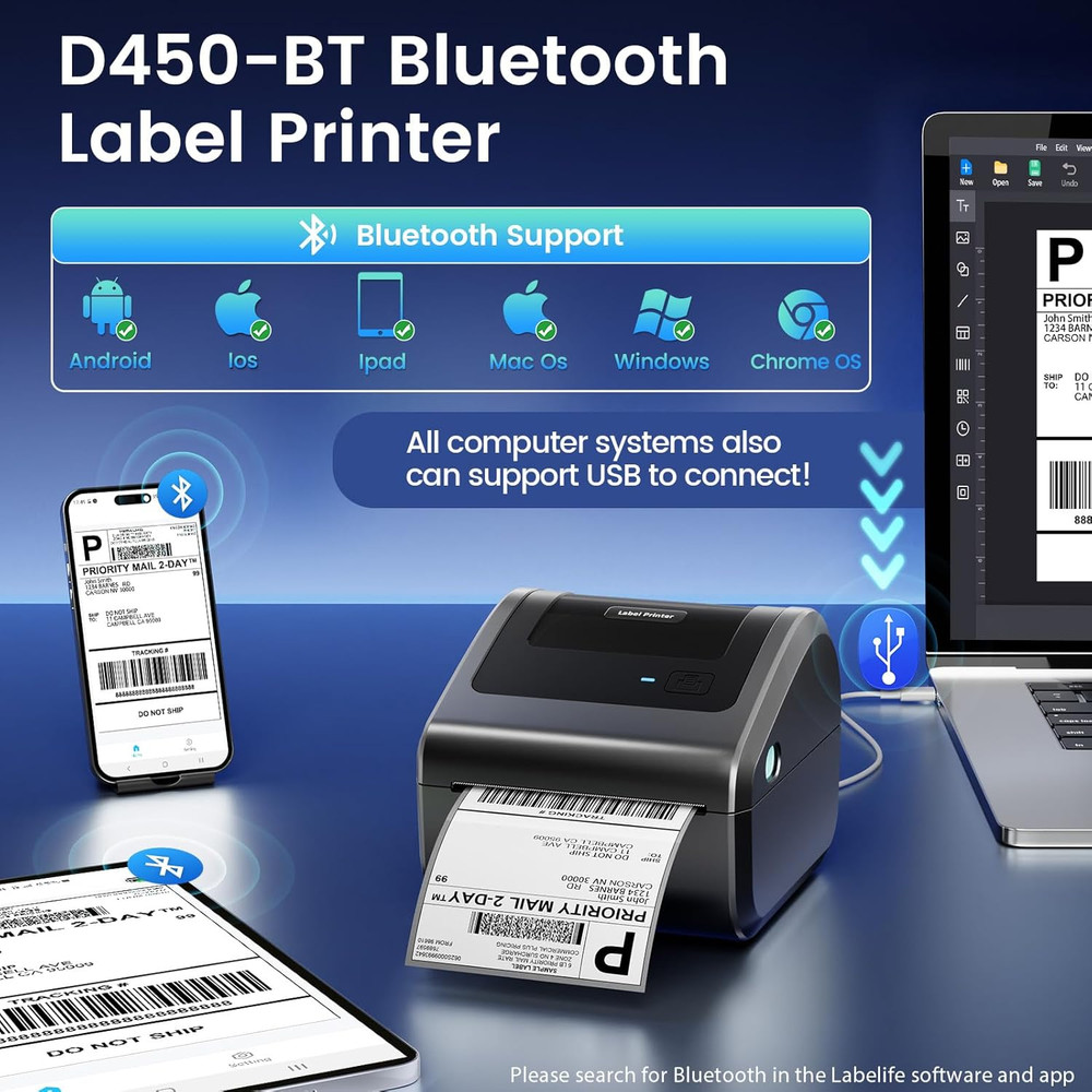 Bluetooth Shipping Label Printer 4X6, D450BT Thermal Label Printer for Shipping