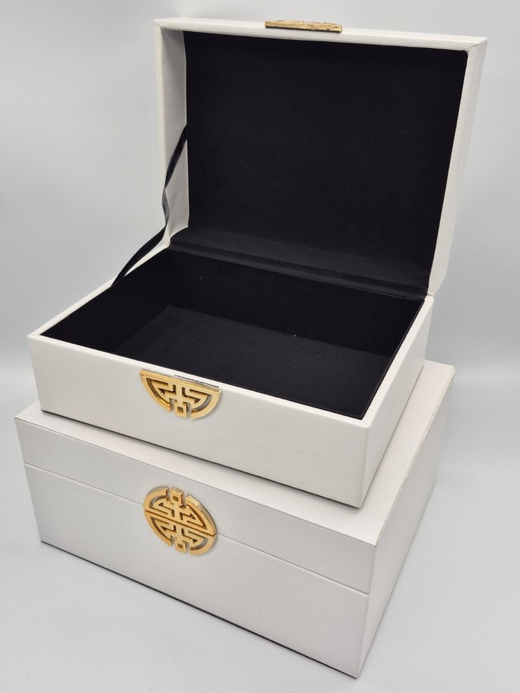 Set of 2 White Rectangular Decorative Boxes with gold accent