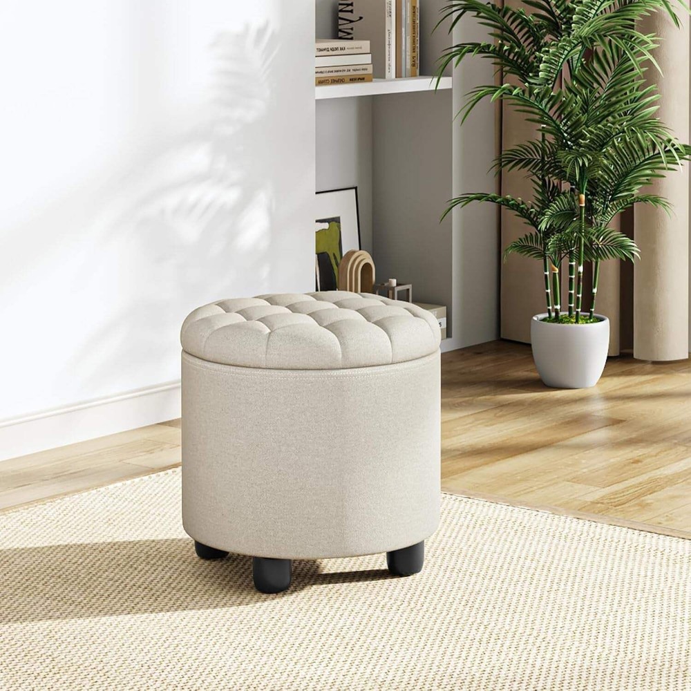 Beige Round Storage Ottoman Featuring Removable Lid