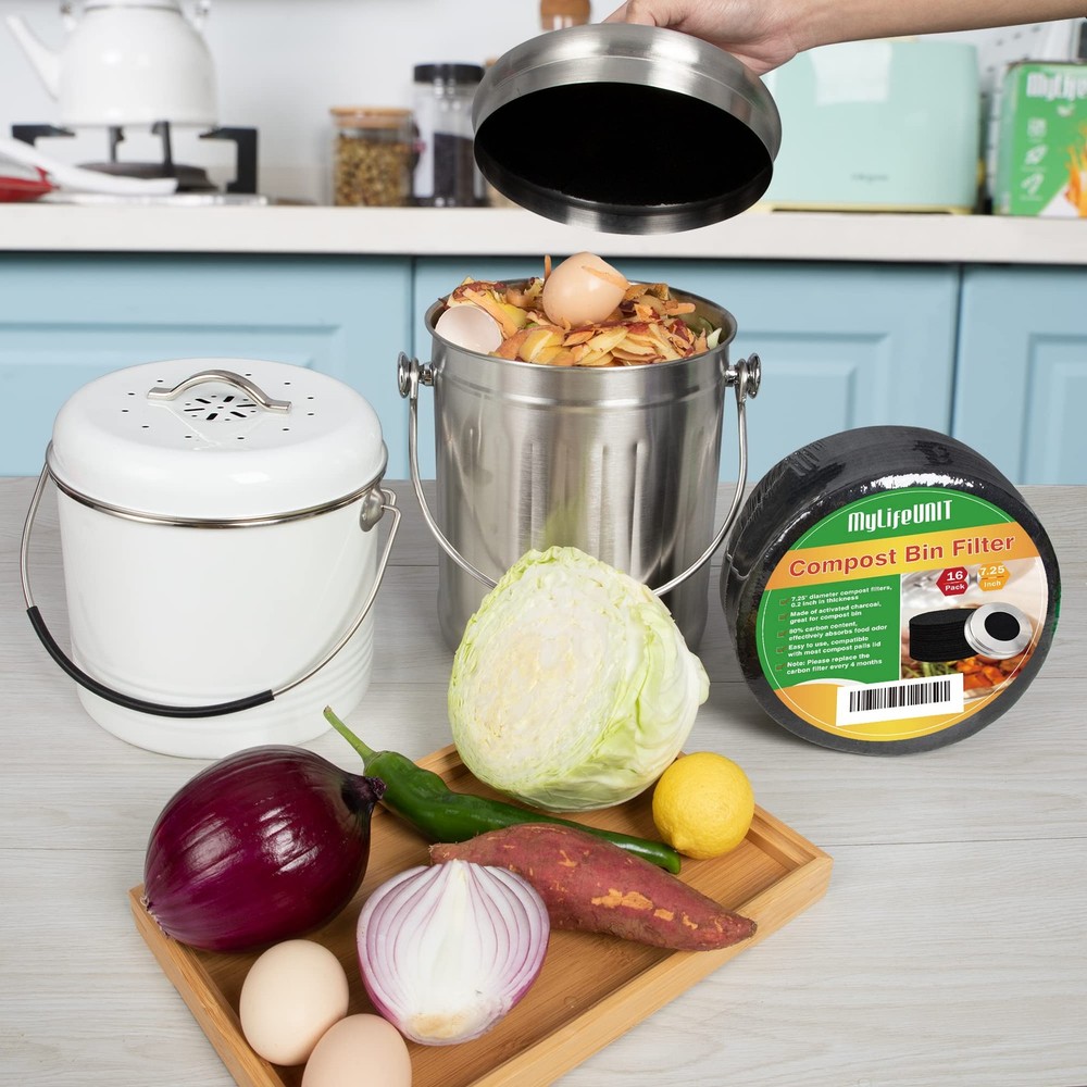 16 Pack Compost Bin Charcoal Filter Replacements 7.25in for Kitchen Pail