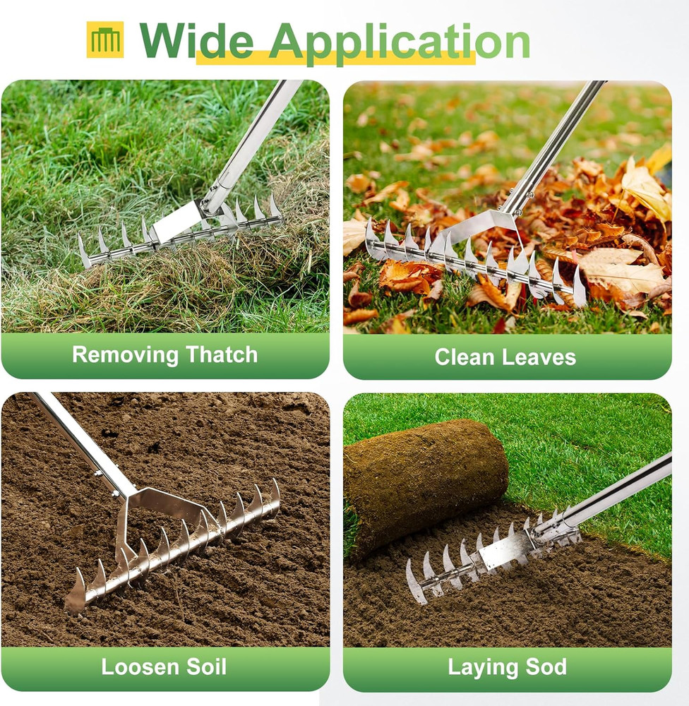62" Thatch Rake, Adjustable Handle 15-Inch Wide Lawn Thatching Rake for Cleaning