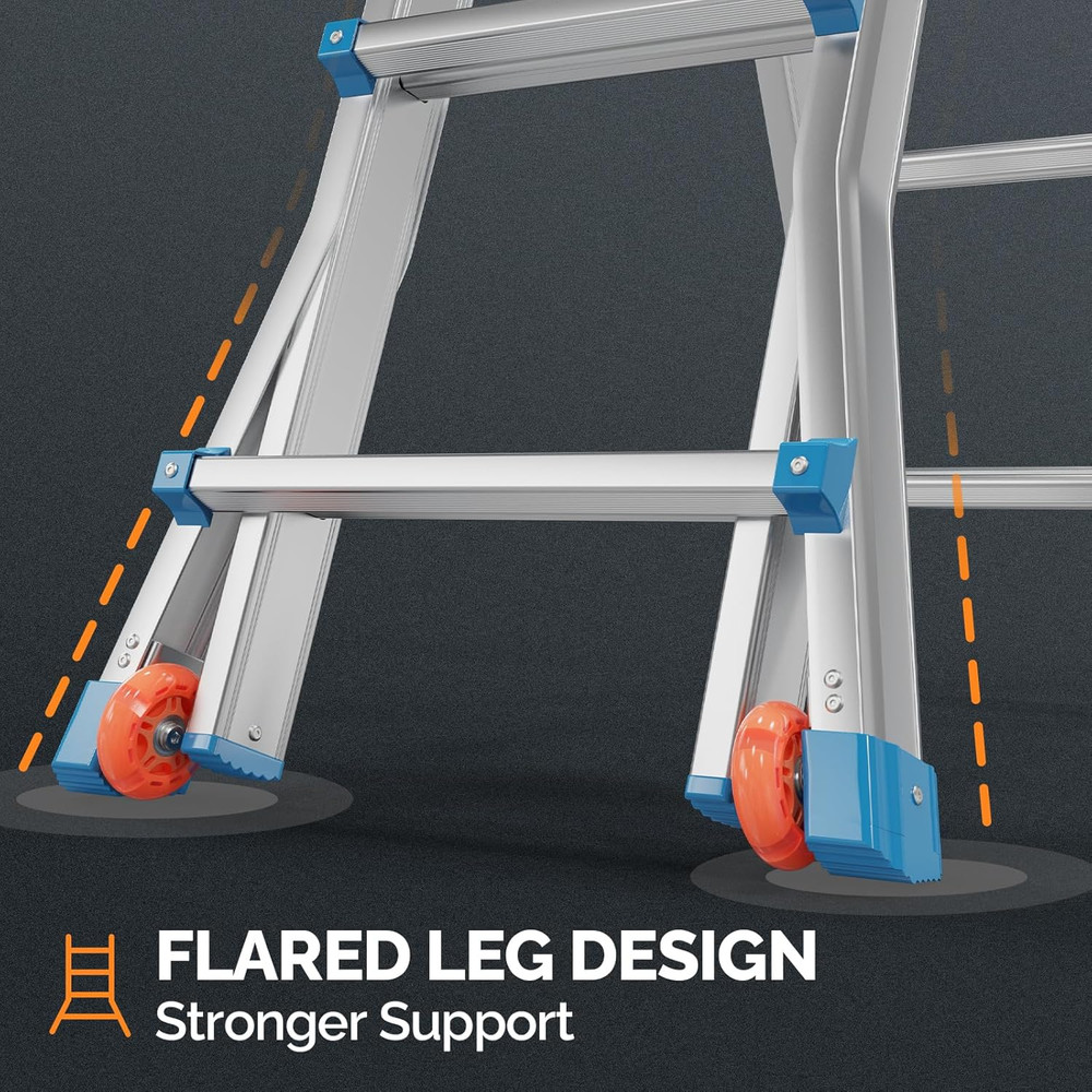 4-Step Telescoping Ladder, 17ft Reach, 330lbs Capacity, Wheels & Flared Legs