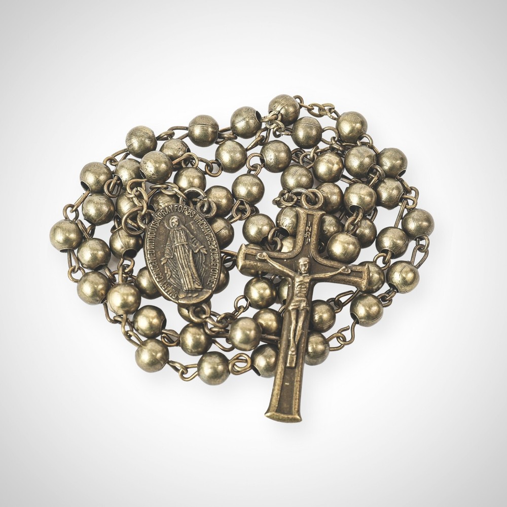 Bronze Beads Rosary Beaded Necklace Miraculous Medal WW2 Design and Jesus Cross