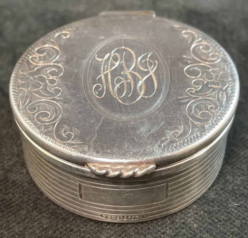 English Sterling Silver Etched Pill Box Birmingham