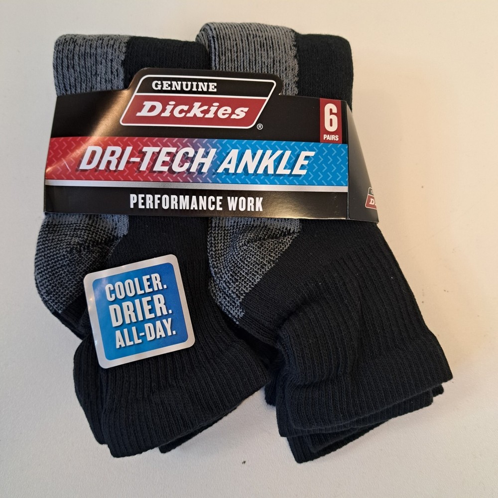 Genuine Dickies Men's Dri-Tech Ankle Socks, 6-Pack Quarter cut Black Grey Work