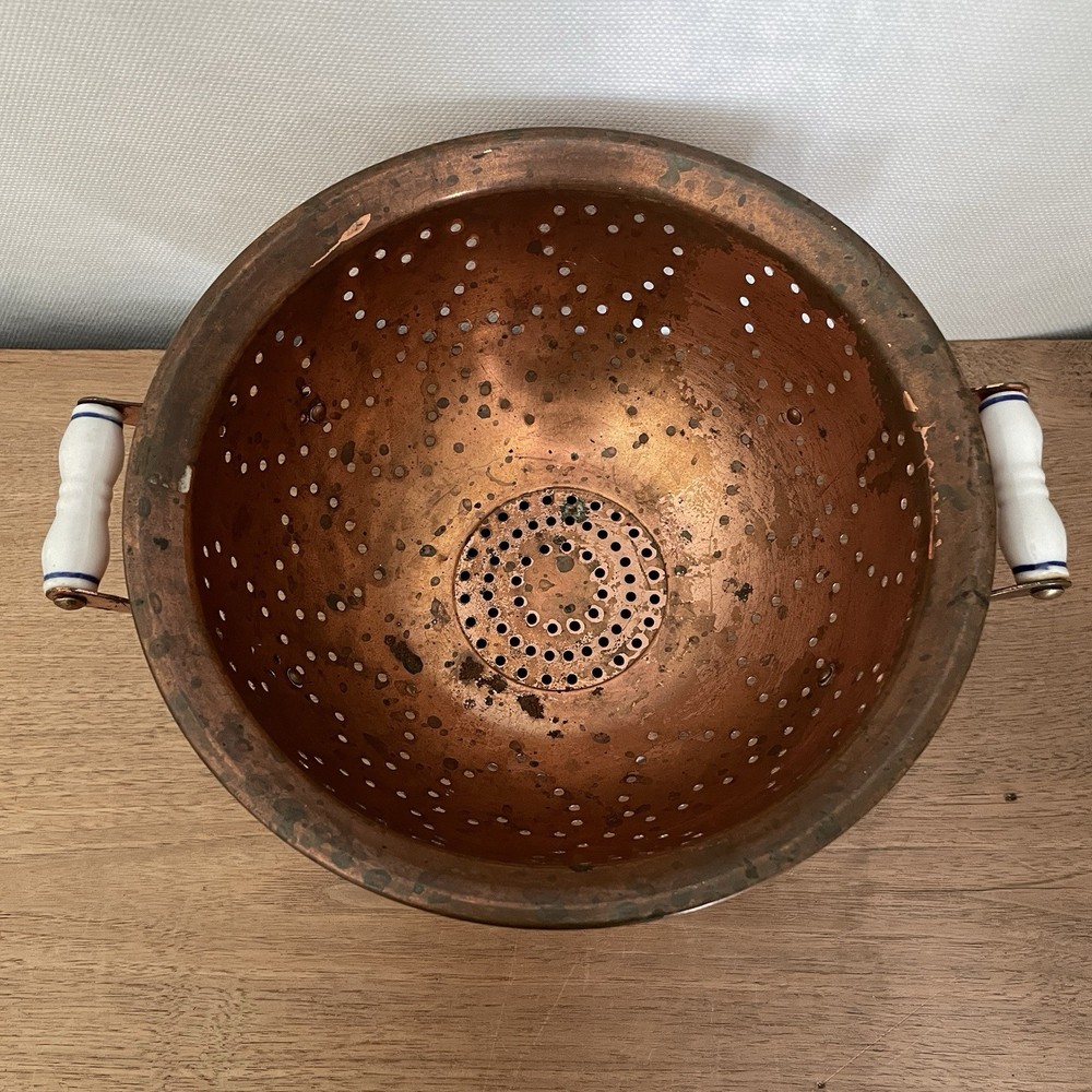 Vintage Copper Colander Strainer Bowl Ceramic Handles
