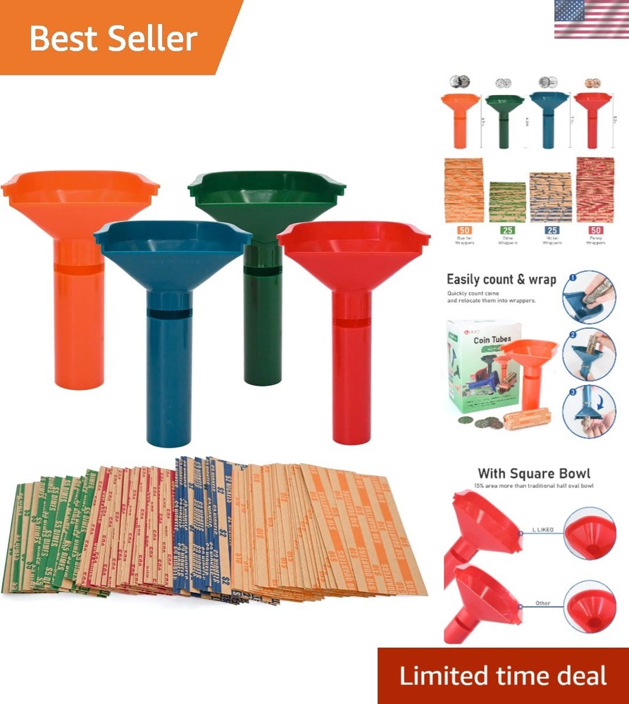 Color-Coded Coin Sorters & Assorted Wrapper Set - 150 Pieces for Easy Counting