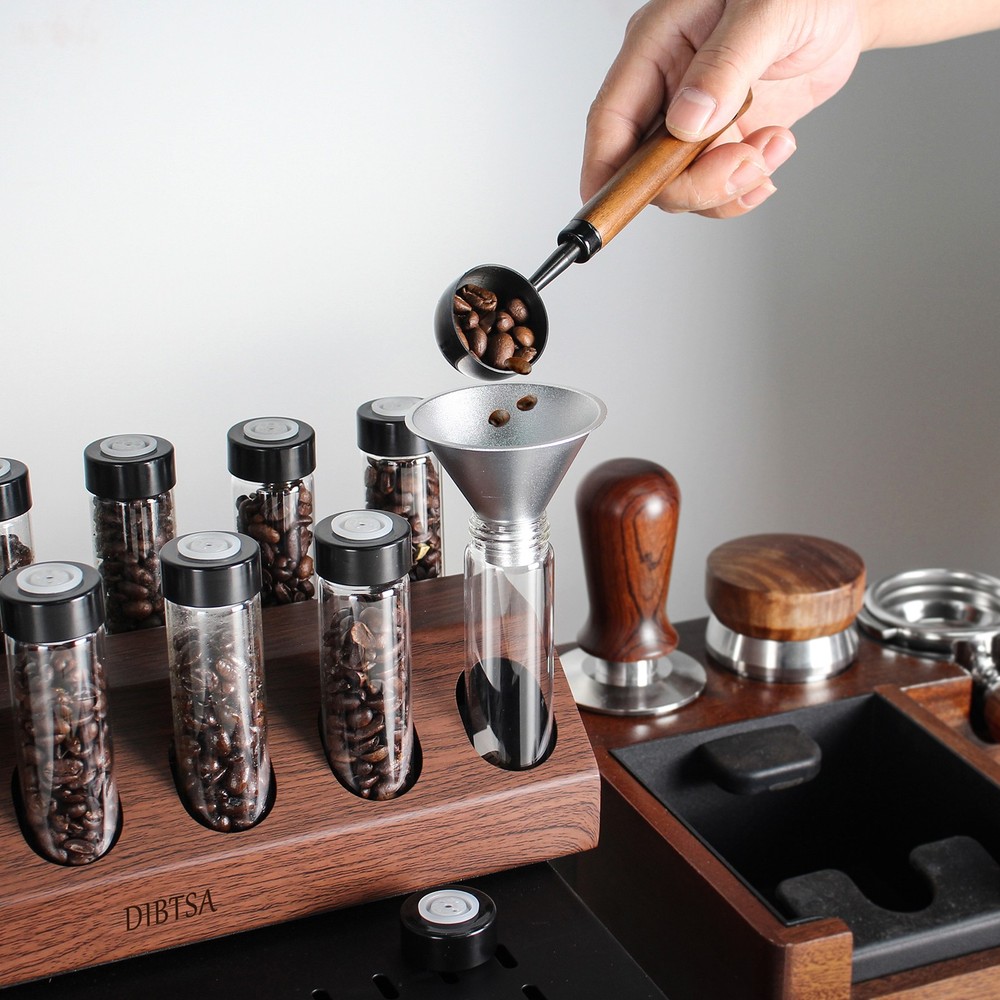12 Single Dose Coffee Bean Storage Tubes Containers Exhaust Valves Display Base