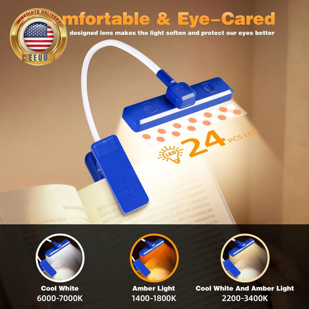 Rechargeable Book Light Rotatable：24 Leds Reading Light, 3-Color & 9-Brightness