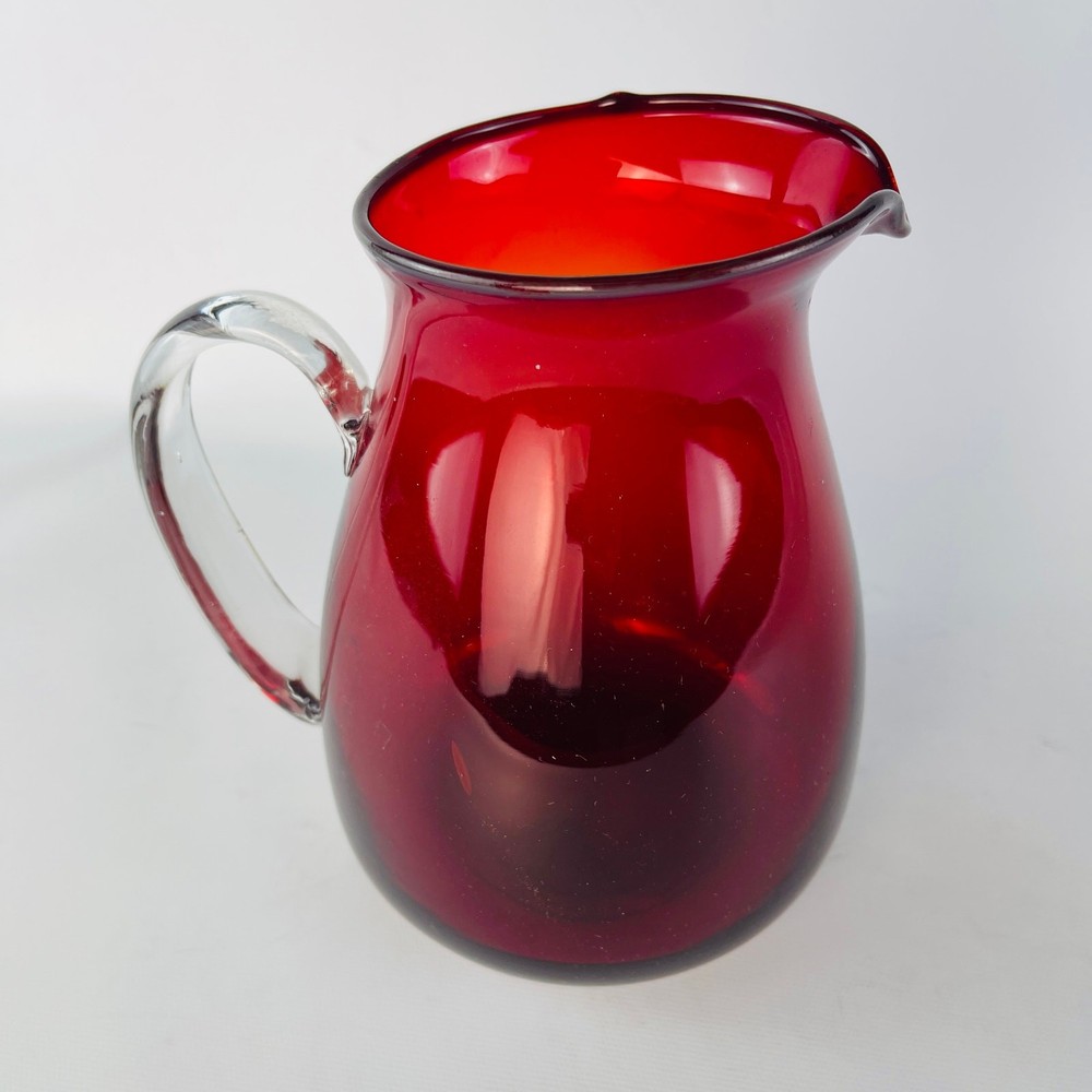 Hand Blown Art Glass Water Pitcher Ruby Red / Cranberry 7” Applied Handle