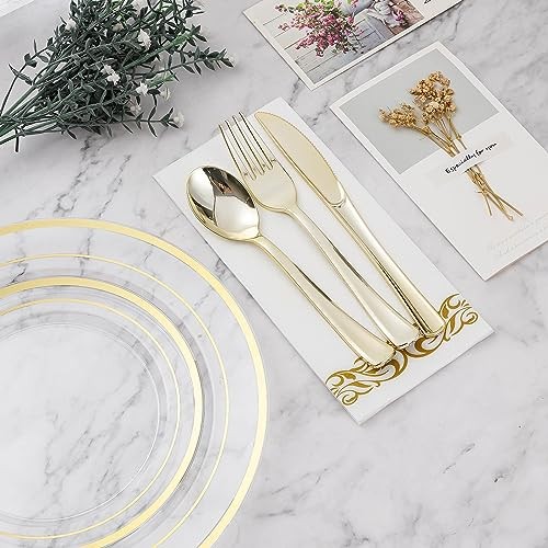 175PCS Disposable Dinnerware Set for Plastic Plates for 25 Guests Clear Gold