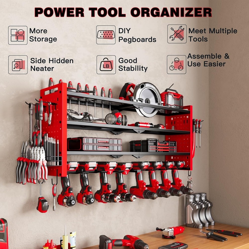 Power Tool Organizer Wall Mount 4 Layer Drill Holder Rack Red