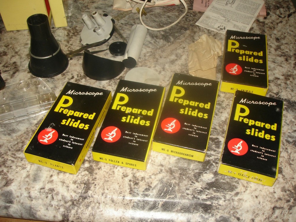 Vintage Gilbert Microcraft Microscope and Storage Cabinet and Slides Cool