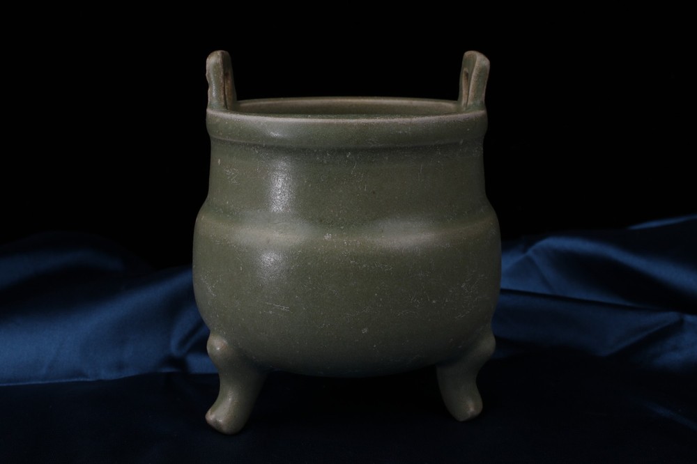 A0139. Longquan Celadon Tripod Censer with Double Handles