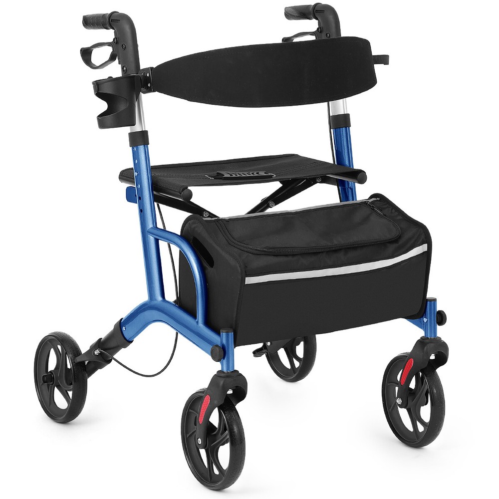 Compact Blue Rollator Walker for Seniors - Easy Folding Aid with Seat & Storage