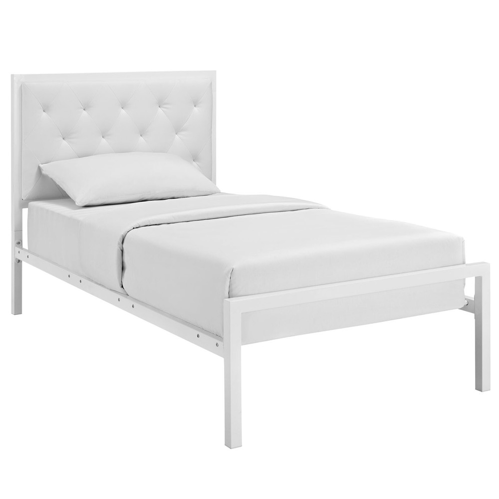 Modway Mia Tufted Vegan Leather Twin Platform Bed Frame in White White