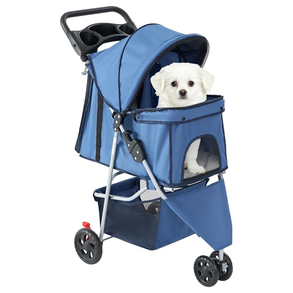 DUMOS Pet Stroller Blue Lightweight Foldable 3 Wheels for Small Dogs & Cats