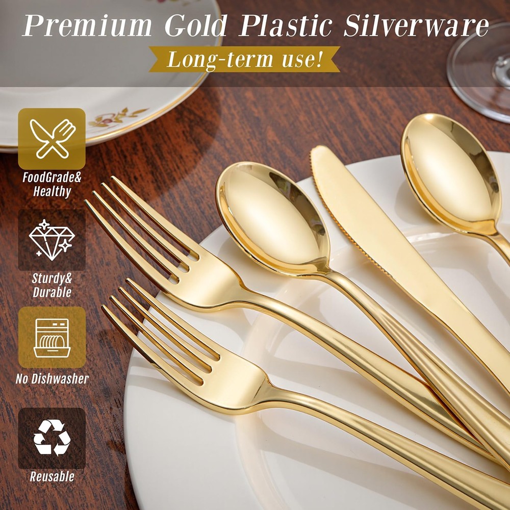 120 Pieces Gold Plastic Silverware - Disposable Flatware Set - Heavy Duty Pla...