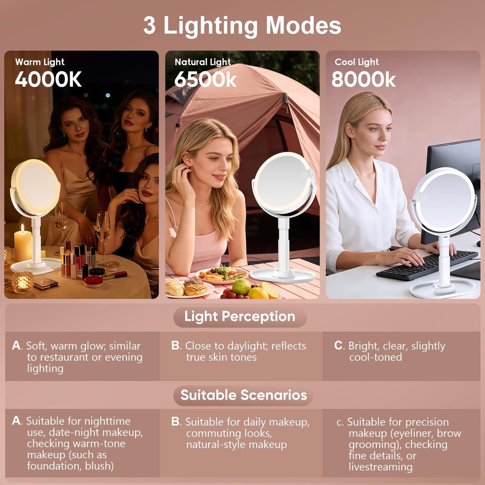 Lighted Makeup Mirror with 10X Magnification, Rechargeable LED Magnifying Van...