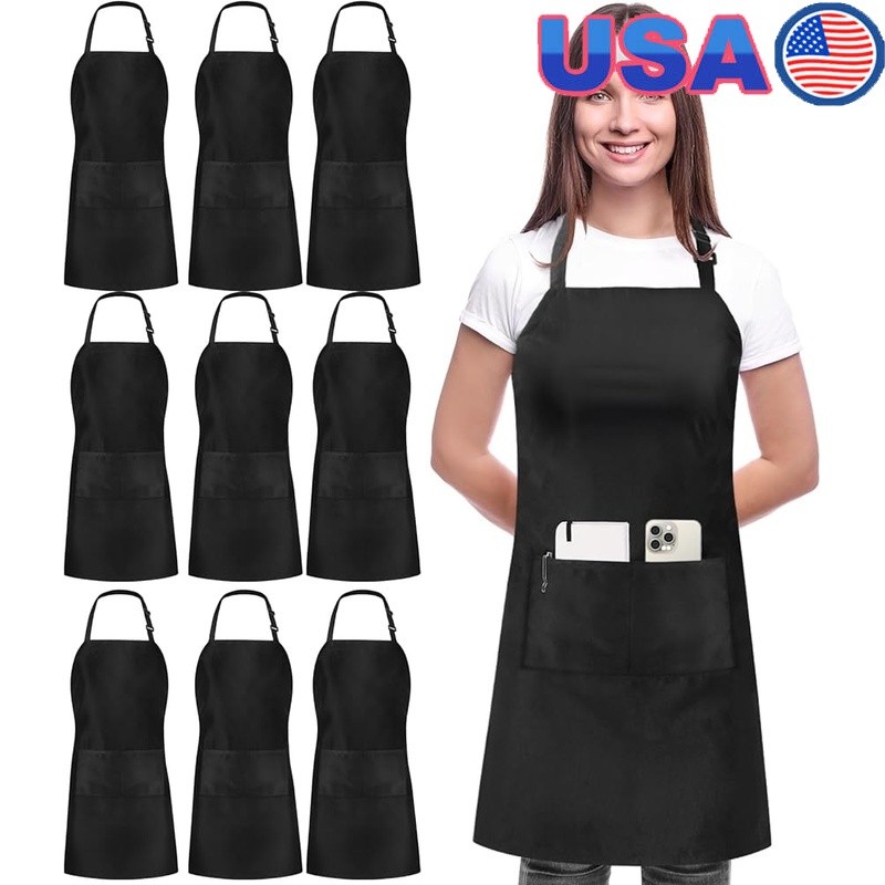 10 Pack Polyester Bib Aprons W/ Adjustable Straps & Front Pockets Cooking New