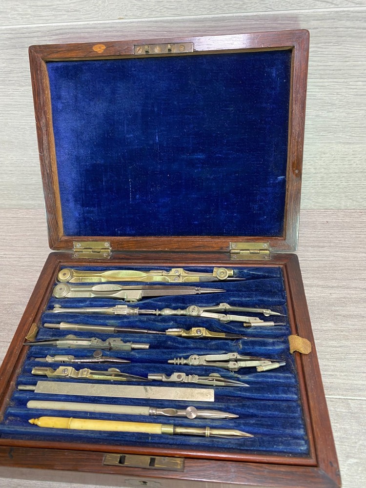 Vintage Engineering Draughtsman Set Technical Drawing Instruments Wooden Case