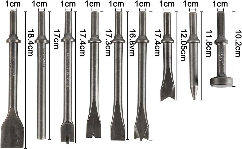 9Pcs Air Hammer Punch Chisel Bits 0.39In Shank Auto Repair Tool Set