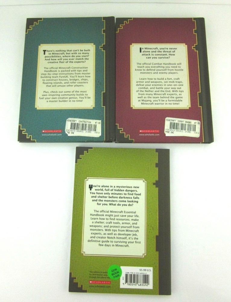 3 Minecraft Books Essential, Combat, Construction Handbooks