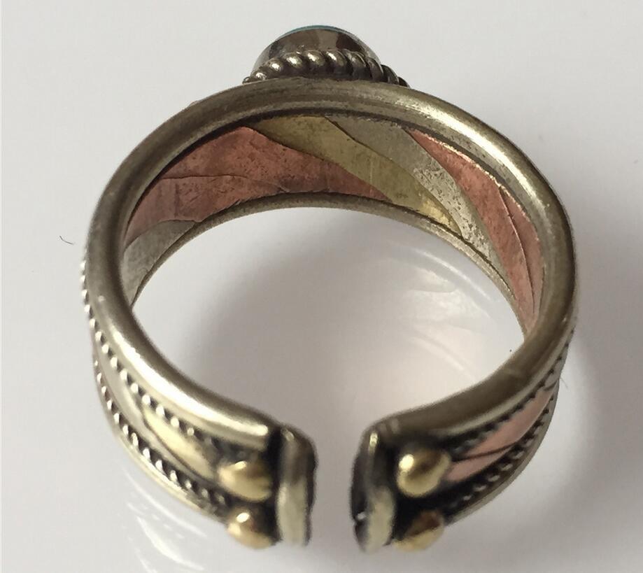 Solid Tibetan 3-color Copper Turquoise Gemstone Dotted Ring Adjustable