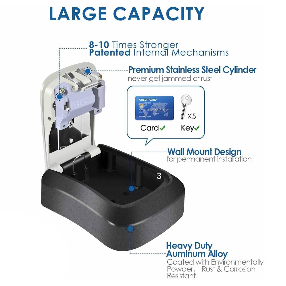 4 Digit Combination Lock Box Wall Mount Security Safe Large 5 Key Waterproof