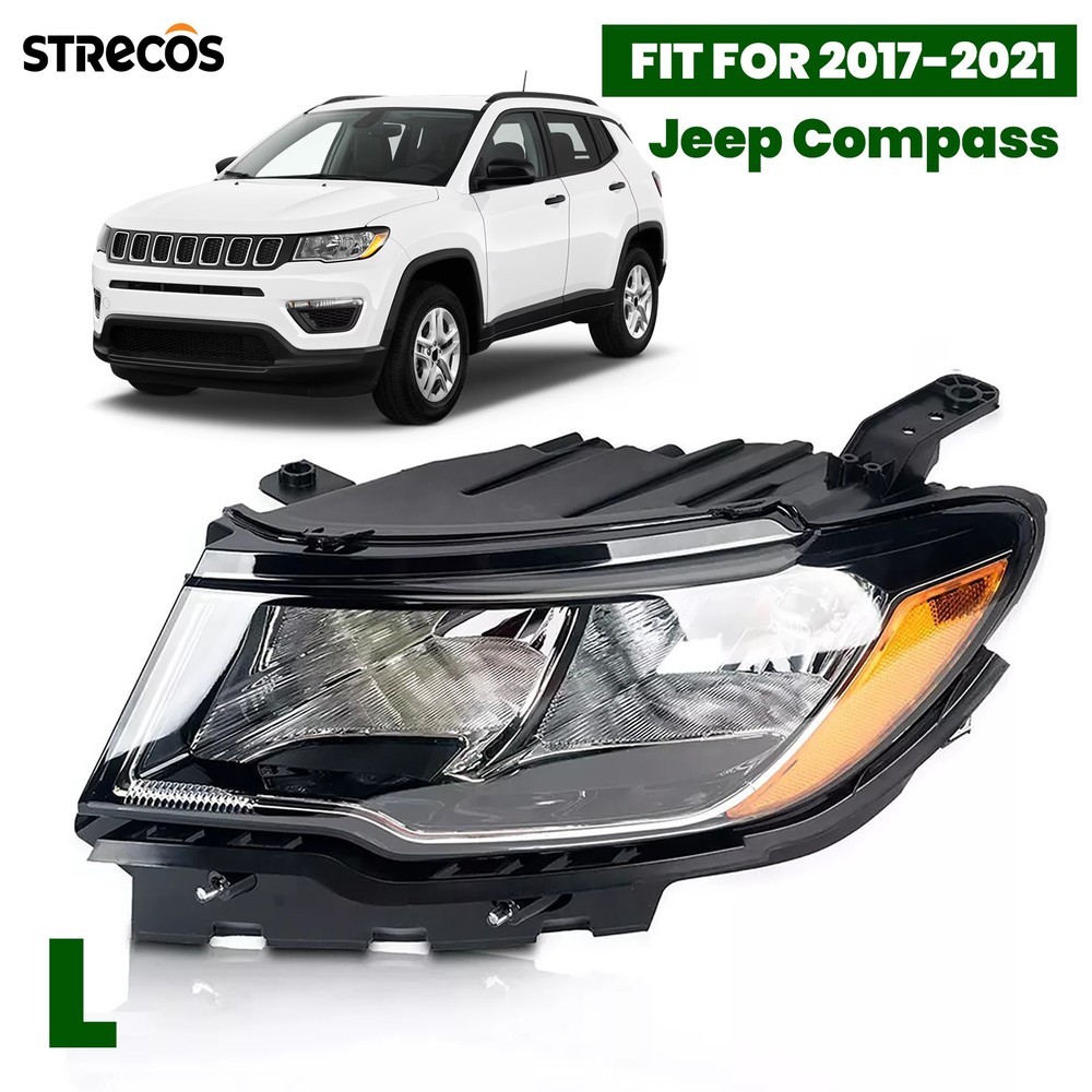 Halogen Headlight For 2017-2021 Jeep Compass Driver Left Side Chrome with Bulb