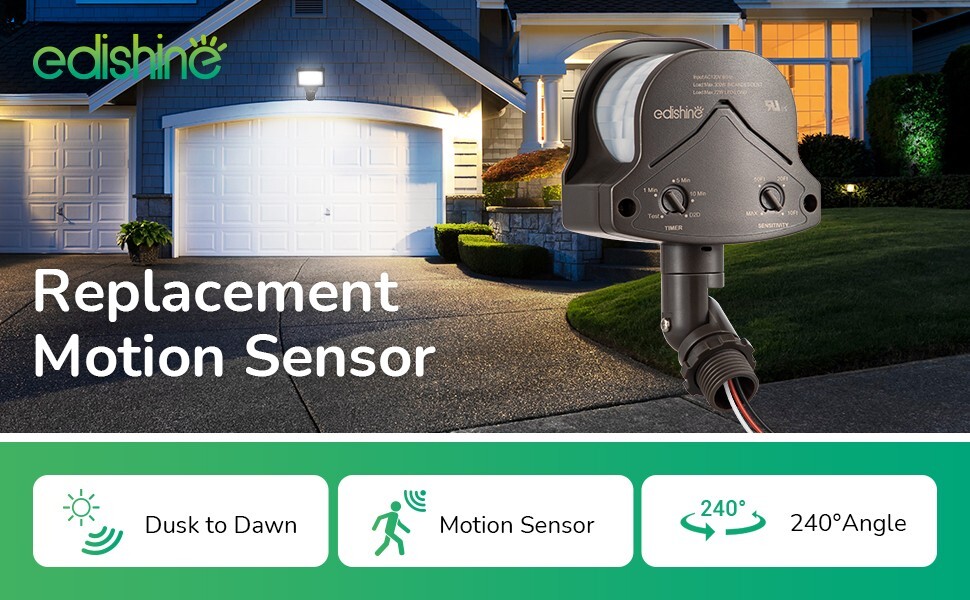 EDISHINE Motion Sensor, Automatic Dusk to Dawn,Motion PIR Sensor, Adjustable
