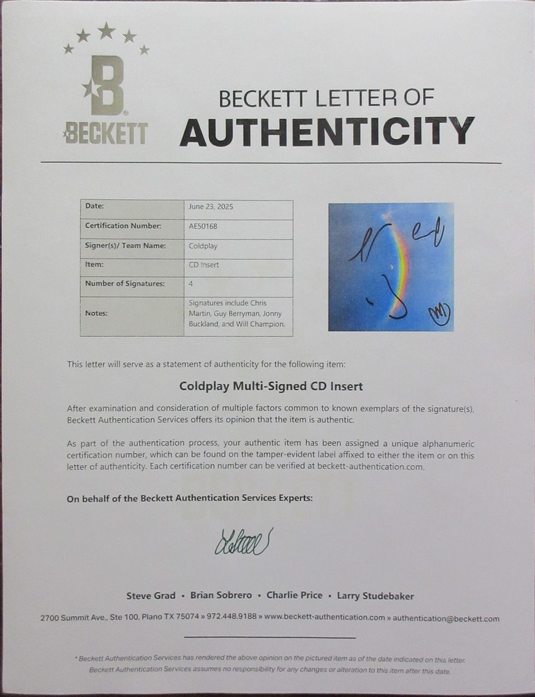 Coldplay Signed by 4 CD Promo Card - Beckett BAS