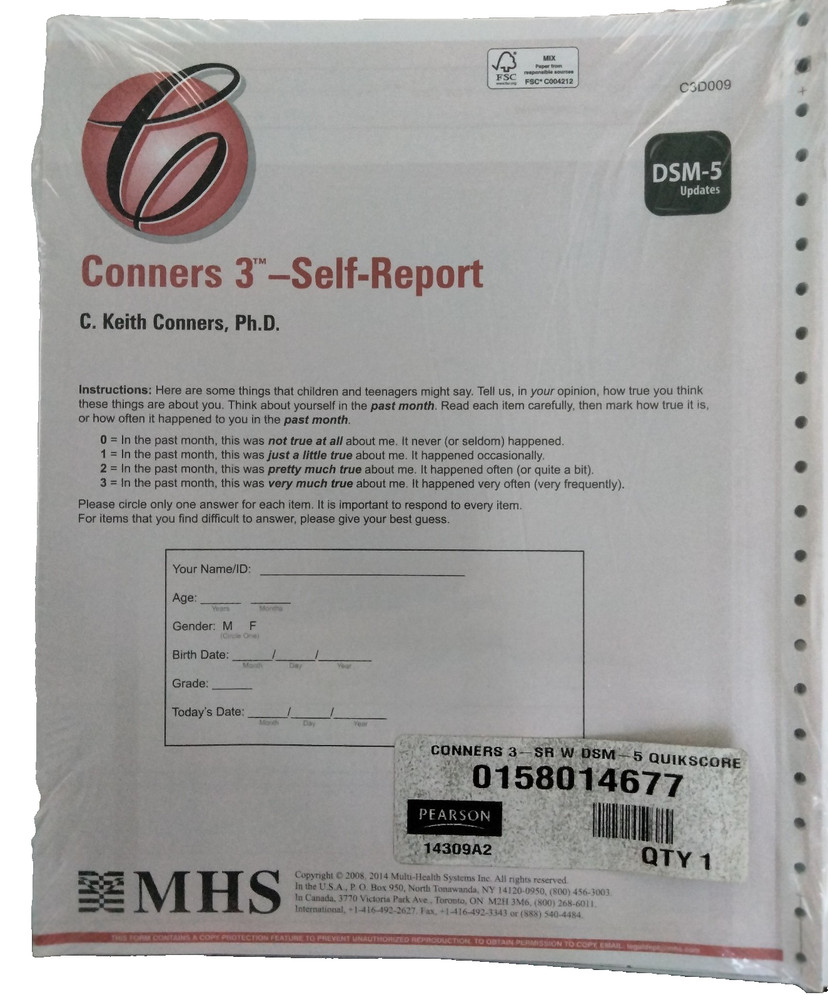 Conners 3 Self-Report Handscore Forms Protocols  C3D009, DSM-5 Update, New