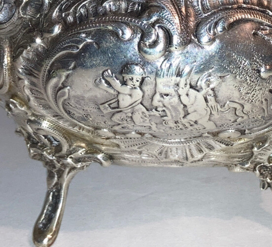 Antique Hanau Germany 800 Silver Candy Sugar Bowl Cherub Mythical Devil Mask