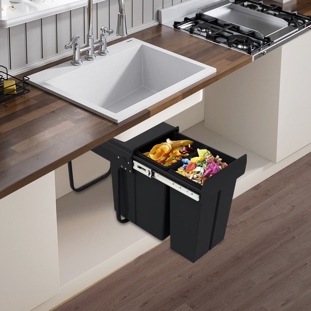 Pull Out Under Cabinet Double Trash Can 10L + 20L Garbage Can Kitchen Waste Bin