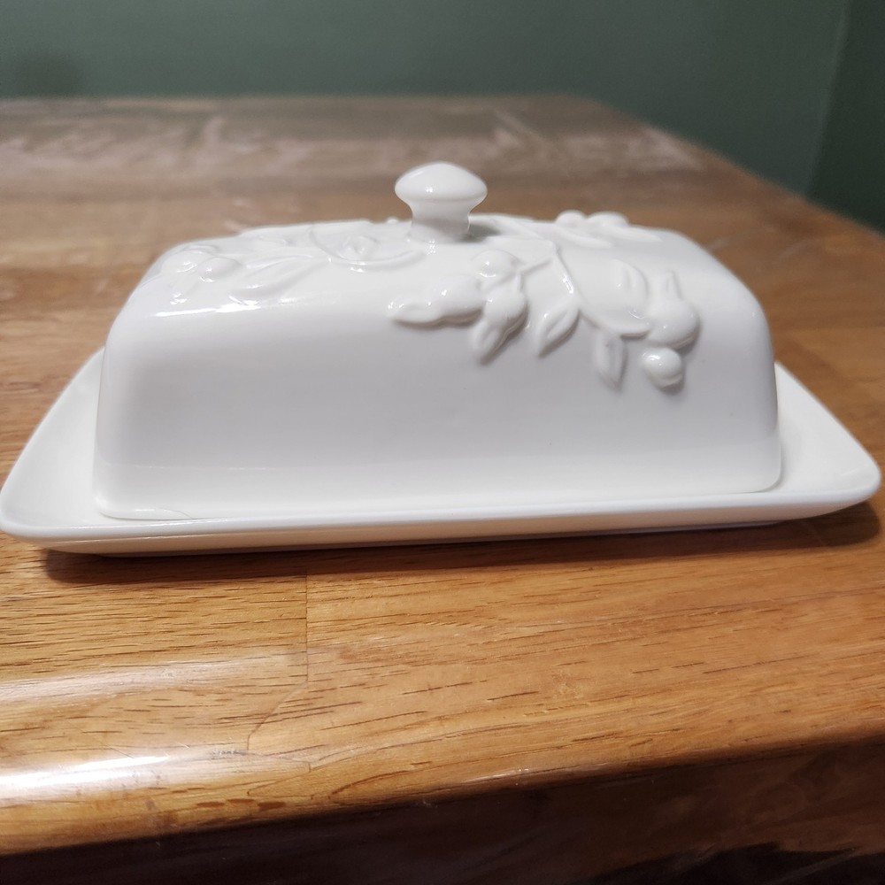 White Ceramic Maison Neuve Butter Dish Cherry Pattern and Lid for Countertop