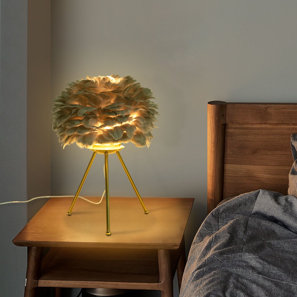 Gray Feather Table Lamp Tripod Lamp, Feather Lamp, Table Light Hand Control